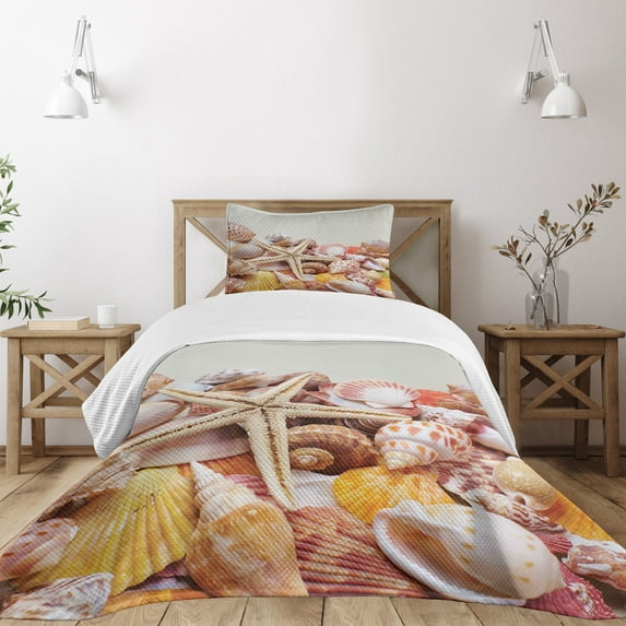 Ambesonne Ocean Quilted Bedspread Set 2 Pcs, Pile of Seashells Beach, Twin Size, Coconut Cream Orange