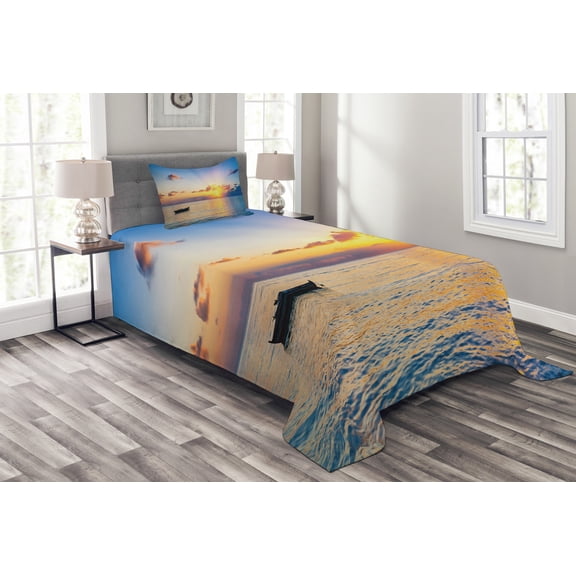 Ambesonne Ocean Quilted Bedspread Set 2 Pcs, Rising Sun Sea Maldives, Twin Size, Blue Coral Yellow
