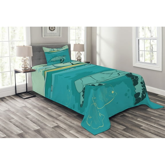 Ambesonne Ocean Quilted Bedspread Set 2 Pcs, Sea Turtle Exotic Island, Twin Size, Turquoise Teal Green