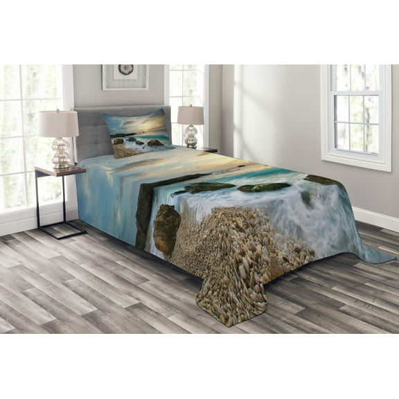 Ambesonne Ocean Quilted Bedspread Set 2 Pcs, Seascape Sunrise Waves, Twin Size, Brown Blue Yellow