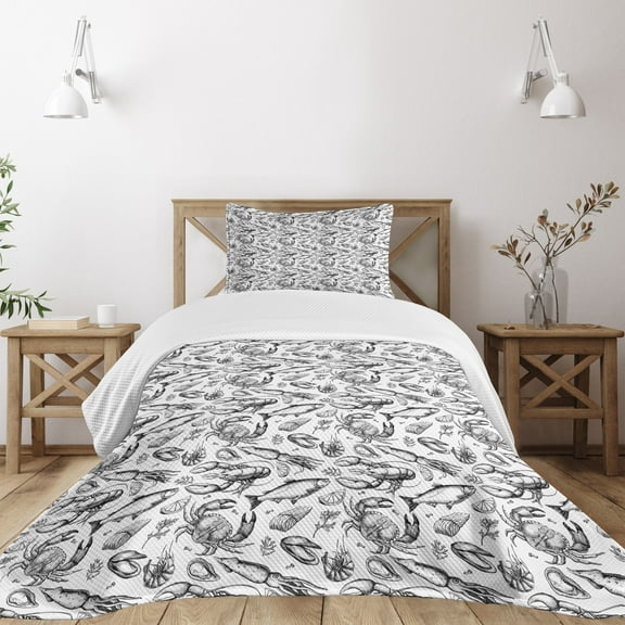 Ambesonne Ocean Quilted Bedspread Set 2 Pcs, Sketchy Seafood Pattern, Twin Size, Black and White