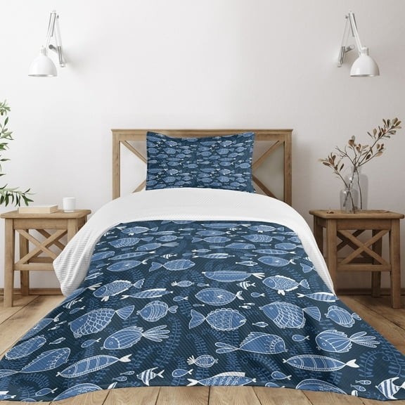 Ambesonne Ocean Quilted Bedspread Set 2 Pcs, Tropic Fish Moss Leaves, Twin Size, Blue Indigo Royal Blue