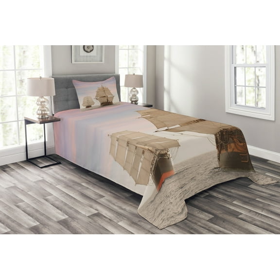 Ambesonne Ocean Quilted Bedspread Set 2 Pcs, Wooden Sailing Ship Waves, Twin Size, Cream and Blue Grey