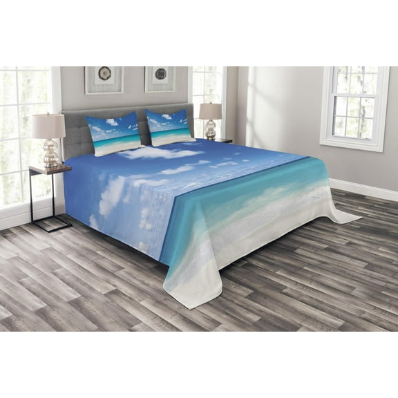 Ambesonne Ocean Quilted Bedspread Set 3 Pcs, Barbados Coastline Summer, Queen Size, Blue Aqua Coconut