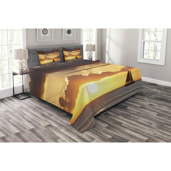 Ambesonne Ocean Quilted Bedspread Set 3 Pcs, Boat in Sewith Sunset, Queen Size, Grey and Marigold