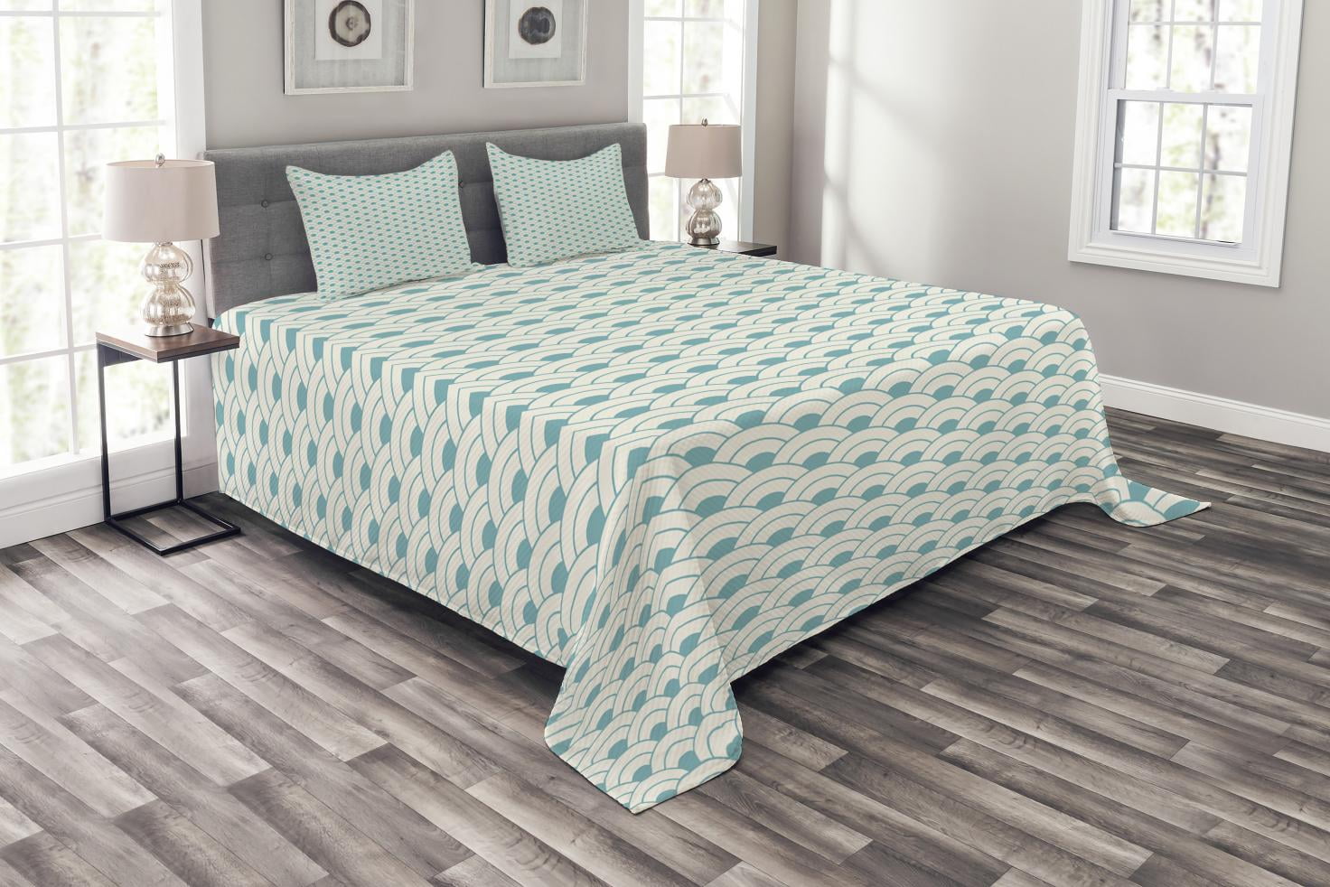 White and Sky Blue Queen Bedspread Set with Pillow Shams