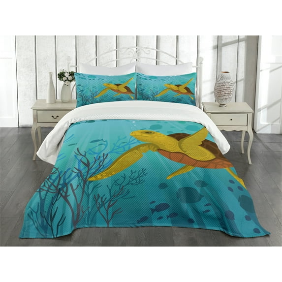 Ambesonne Ocean Quilted Bedspread Set 3 Pcs, Cartoon Turtle Coral, King Size, Turquoise Mustard Brown