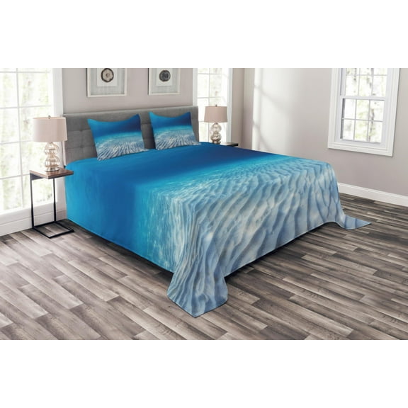 Ambesonne Ocean Quilted Bedspread Set 3 Pcs, Clear Water and Waves, Queen Size, Navy Beige