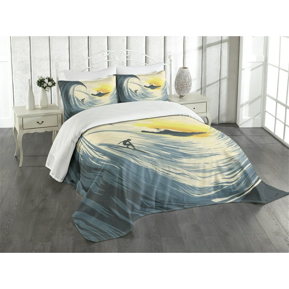 Ambesonne Ocean Quilted Bedspread Set 3 Pcs, Cloudy Tropical Island, Queen Size, Beige Yellow Navy