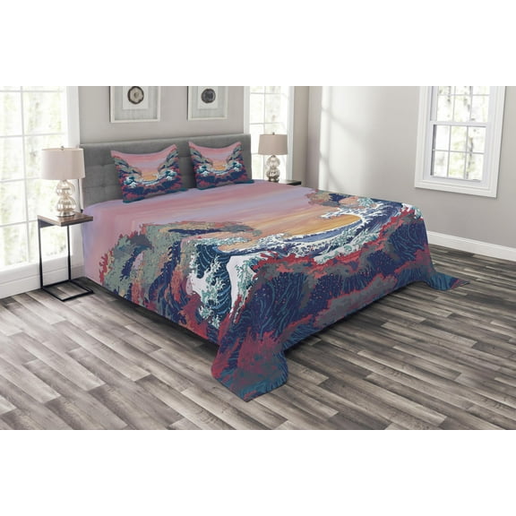 Ambesonne Ocean Quilted Bedspread Set 3 Pcs, Colorful Fantasy Sealife, King Size, Multicolor