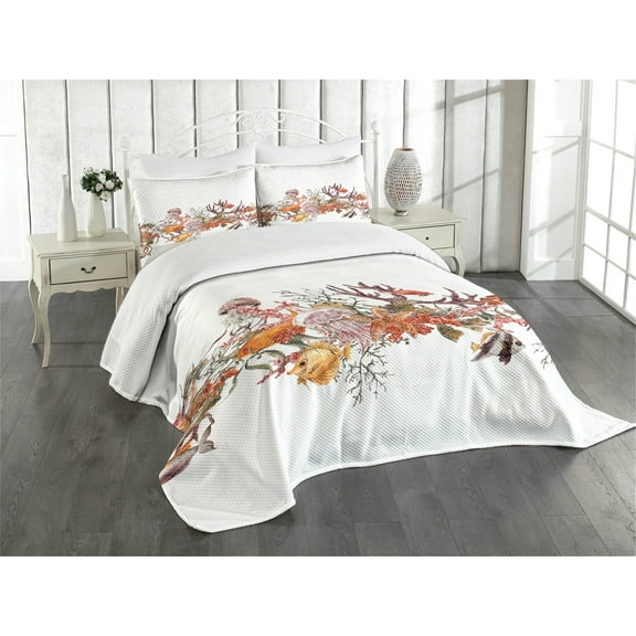 Ambesonne Ocean Quilted Bedspread Set 3 Pcs, Coral Algea Sealife, King Size, Mustard Olive