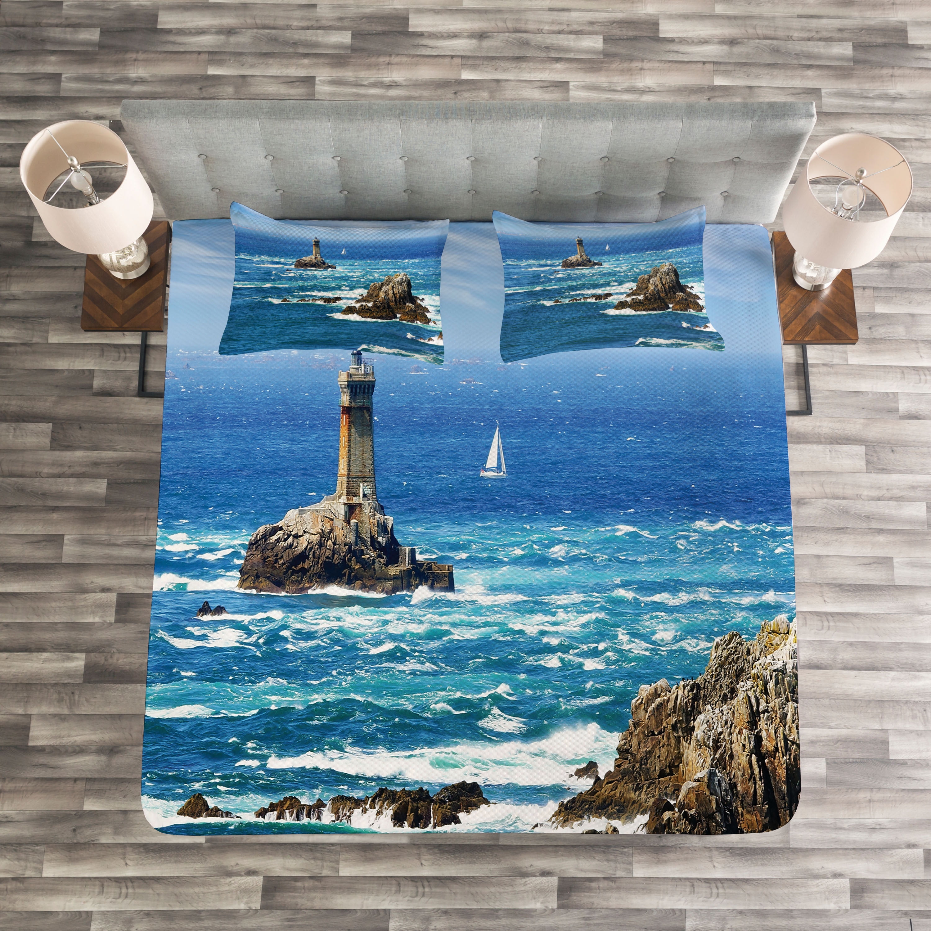 King Size White Quilted Bedspread Set with Ocean Print