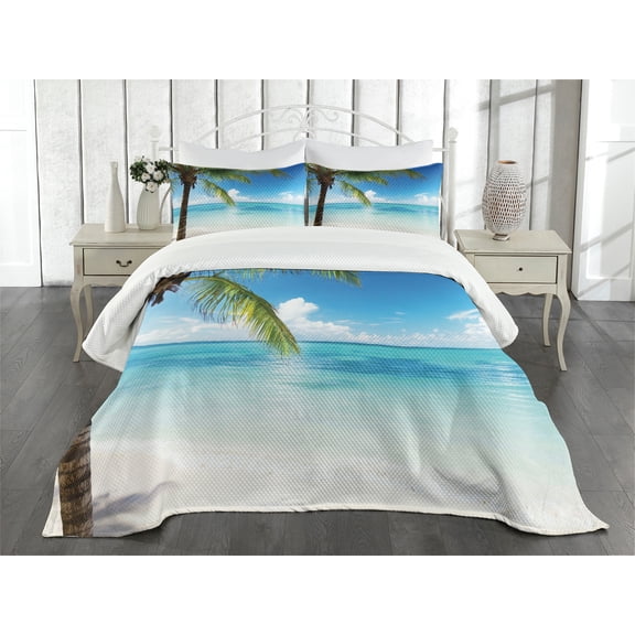 Ambesonne Ocean Quilted Bedspread Set 3 Pcs, Exotic Beach Shoreline, Queen Size, Green Blue White
