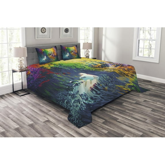 Ambesonne Ocean Quilted Bedspread Set 3 Pcs, Exotic Surfer on Waves, King Size, Multicolor