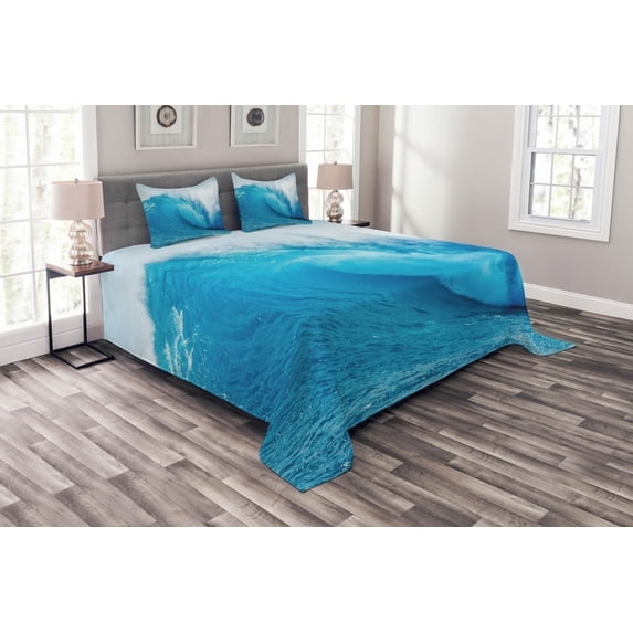 Ambesonne Ocean Quilted Bedspread Set 3 Pcs, Extreme Water Sports, King Size, Aqua White