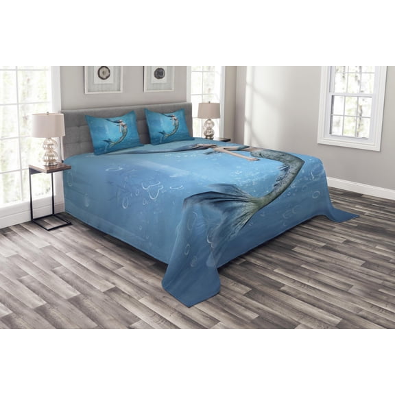 Ambesonne Ocean Quilted Bedspread Set 3 Pcs, Mermaid Myth Creature, King Size, Blue