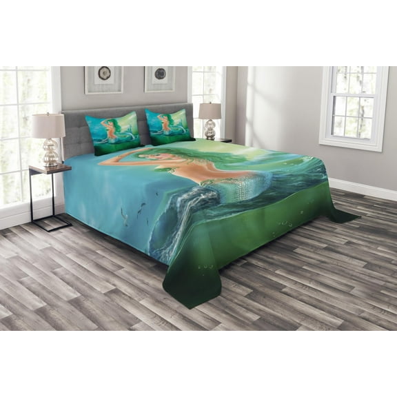Ambesonne Ocean Quilted Bedspread Set 3 Pcs, Mermaid Tail Waves Sea, Queen Size, Blue Green