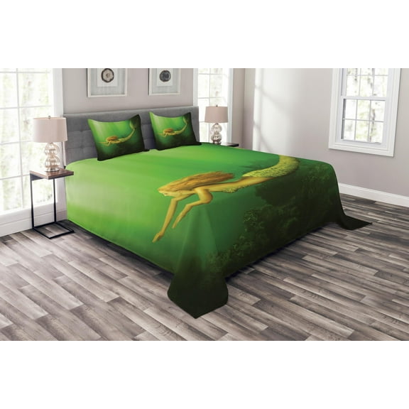 Ambesonne Ocean Quilted Bedspread Set 3 Pcs, Mermaid with Fish Tail, Queen Size, Dark Green Ginger Green