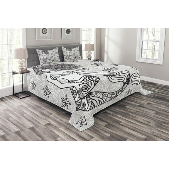 Ambesonne Ocean Quilted Bedspread Set 3 Pcs, Mermaid with Wave, King Size, Grey