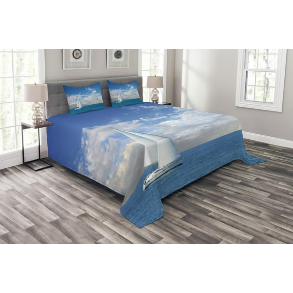 Ambesonne Ocean Quilted Bedspread Set 3 Pcs, Modern Sail Boat on Sea, Queen Size, Sky Blue and White