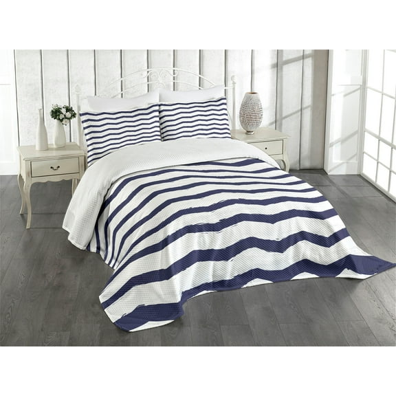 Ambesonne Ocean Quilted Bedspread Set 3 Pcs, Nautical Sea Life Cottage, Queen Size, Indigo White