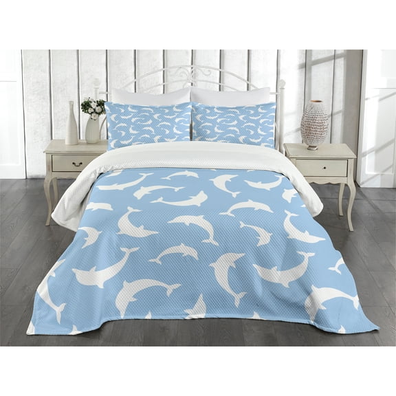 Ambesonne Ocean Quilted Bedspread Set 3 Pcs, Pattern with Dolphins, Queen Size, Pale Blue White
