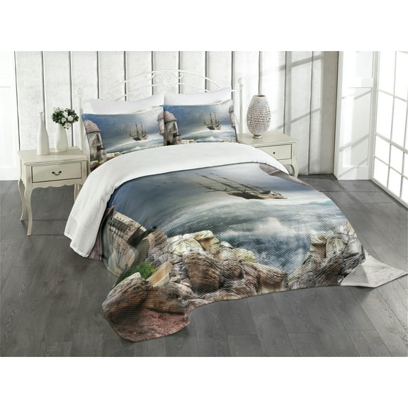 Ambesonne Ocean Quilted Bedspread Set 3 Pcs, Pirate Merchant Ship, Queen Size, Pale Muave Beige