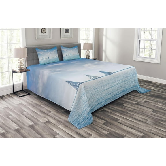 Ambesonne Ocean Quilted Bedspread Set 3 Pcs, Sail Boats Regatta Race, Queen Size, Pale Blue and White