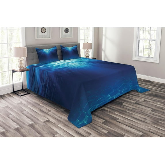 Ambesonne Ocean Quilted Bedspread Set 3 Pcs, Sandy Seabed Sea Scene, King Size, Navy Blue Aqua