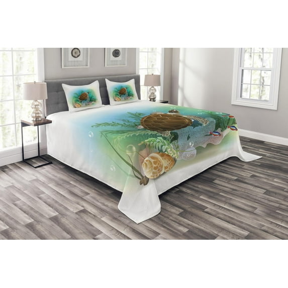 Ambesonne Ocean Quilted Bedspread Set 3 Pcs, Sea Turtles Underwater, Queen Size, Green Brown