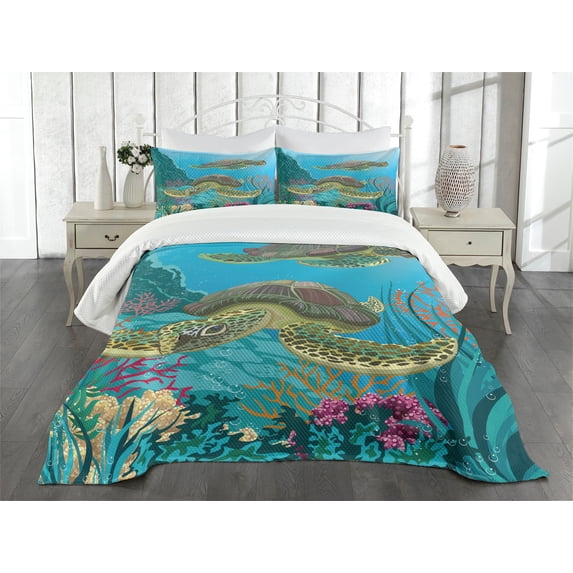 Ambesonne Ocean Quilted Bedspread Set 3 Pcs, Sealife Turtles Aquatic, King Size, Multicolor