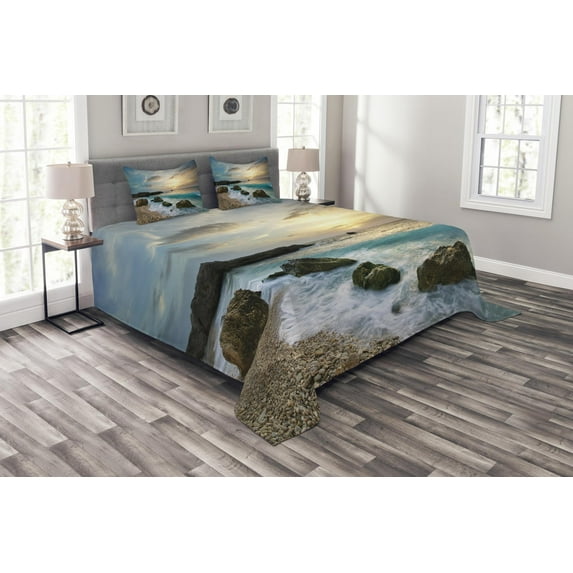 Ambesonne Ocean Quilted Bedspread Set 3 Pcs, Seascape Sunrise Waves, Queen Size, Brown Blue Yellow