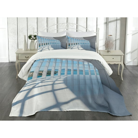 Ambesonne Ocean Quilted Bedspread Set 3 Pcs, Skyscrapers Seascape View, King Size, Sky Blue White Pale Grey