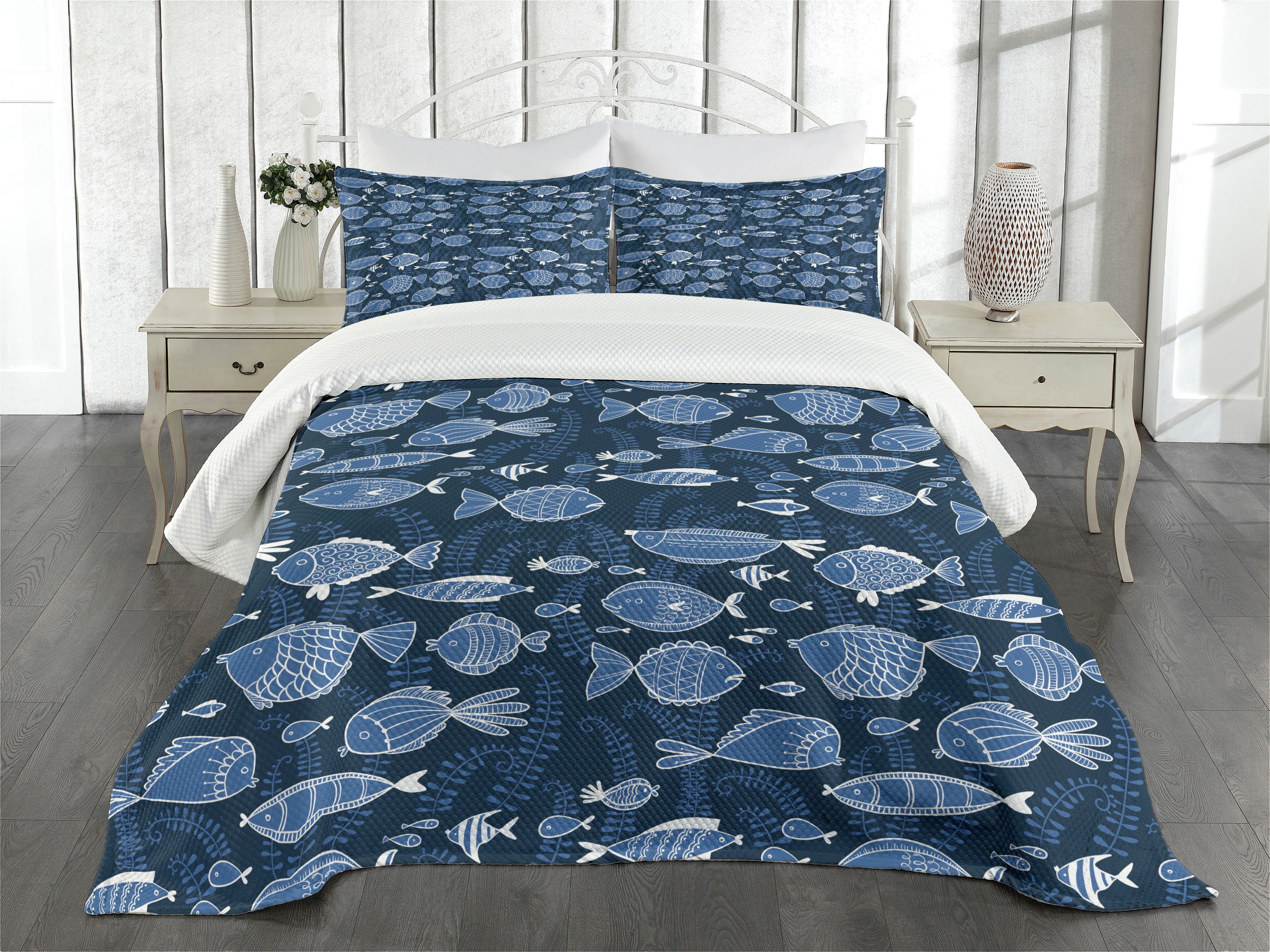 Fish Bedspread Ambesonne Ocean Quilted Bedspread Set 3 Pcs, Tropic Fish Moss Leaves ...