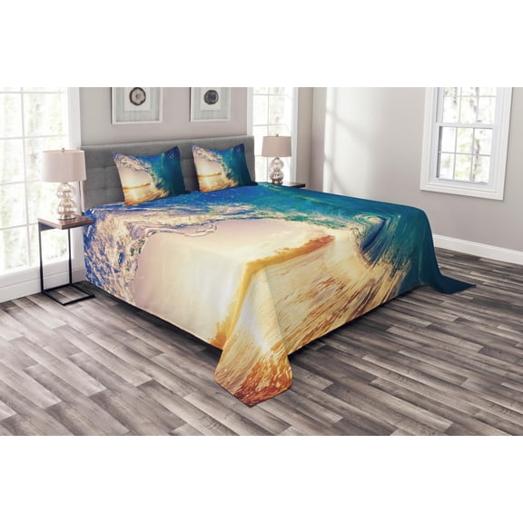 Ambesonne Ocean Quilted Bedspread Set 3 Pcs, Tropical Trees Shoreline, King Size, Teal Yellow