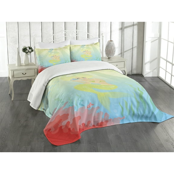 Ambesonne Ocean Quilted Bedspread Set 3 Pcs, Unusual Mermaid Shell, King Size, Coral Blue