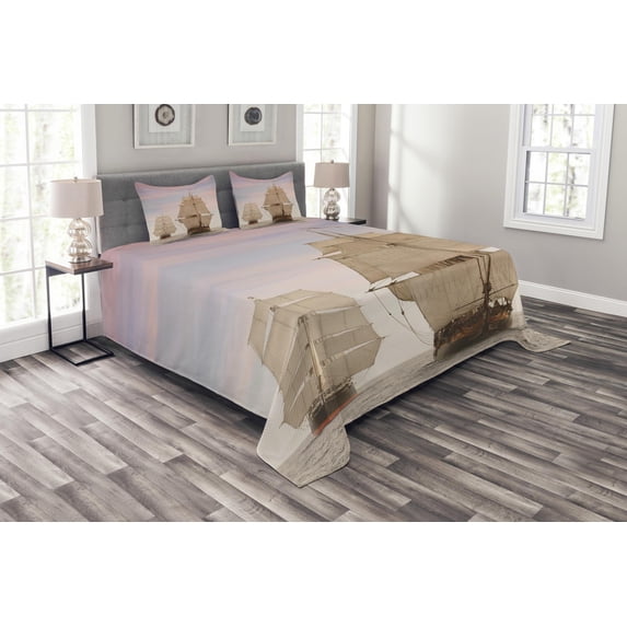 Ambesonne Ocean Quilted Bedspread Set 3 Pcs, Wooden Sailing Ship Waves, Queen Size, Cream and Blue Grey
