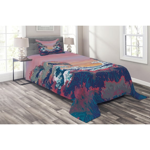 Ambesonne Ocean Quilted Coverlet 2 Pcs, Colorful Fantasy Sealife, Twin Size, Multicolor