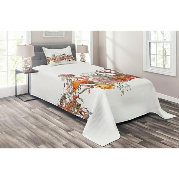 Ambesonne Ocean Quilted Coverlet 2 Pcs, Coral Algea Sealife, Twin Size, Mustard Olive