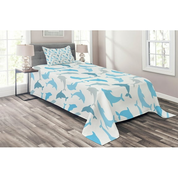 Ambesonne Ocean Quilted Coverlet 2 Pcs, Jumping Dolphin, Twin Size, White Blue Grey