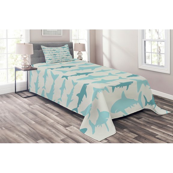 Ambesonne Ocean Quilted Coverlet 2 Pcs, Swimming Sharks in Sea, Twin Size, Turquoise Beige Teal