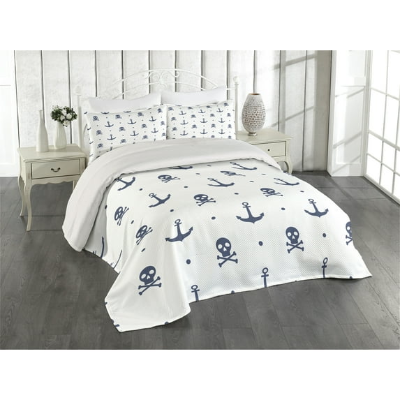 Ambesonne Ocean Quilted Coverlet 3 Pcs, Anchors and Skulls Bones, King Size, Navy Blue