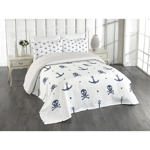Ambesonne Ocean Quilted Coverlet 3 Pcs, Anchors and Skulls Bones, Queen Size, Navy Blue