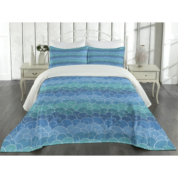 Ambesonne Ocean Quilted Coverlet 3 Pcs, Cartoon Sea Shipping, Queen Size, Blue Teal Turquoise