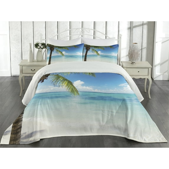 Ambesonne Ocean Quilted Coverlet 3 Pcs, Exotic Beach Shoreline, King Size, Green Blue White