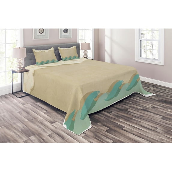 Ambesonne Ocean Quilted Coverlet 3 Pcs, Grunge Old, King Size, Sand Brown Seafoam Cream
