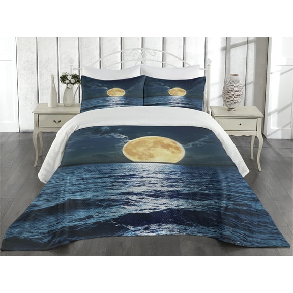 Ambesonne Ocean Quilted Coverlet 3 Pcs, Magic Super Moon Design, King Size, Yellow Navy