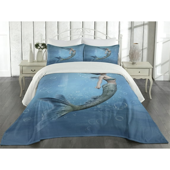 Ambesonne Ocean Quilted Coverlet 3 Pcs, Mermaid Myth Creature, Queen Size, Blue