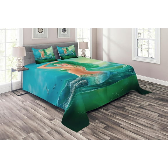 Ambesonne Ocean Quilted Coverlet 3 Pcs, Mermaid Tail Waves Sea, Queen Size, Blue Green
