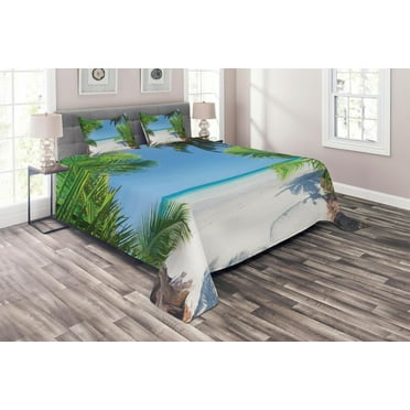 Ambesonne Ocean Quilted Coverlet 3 Pcs, Palm Leaf Tropical Beach, Queen Size, Green Sky Blue White